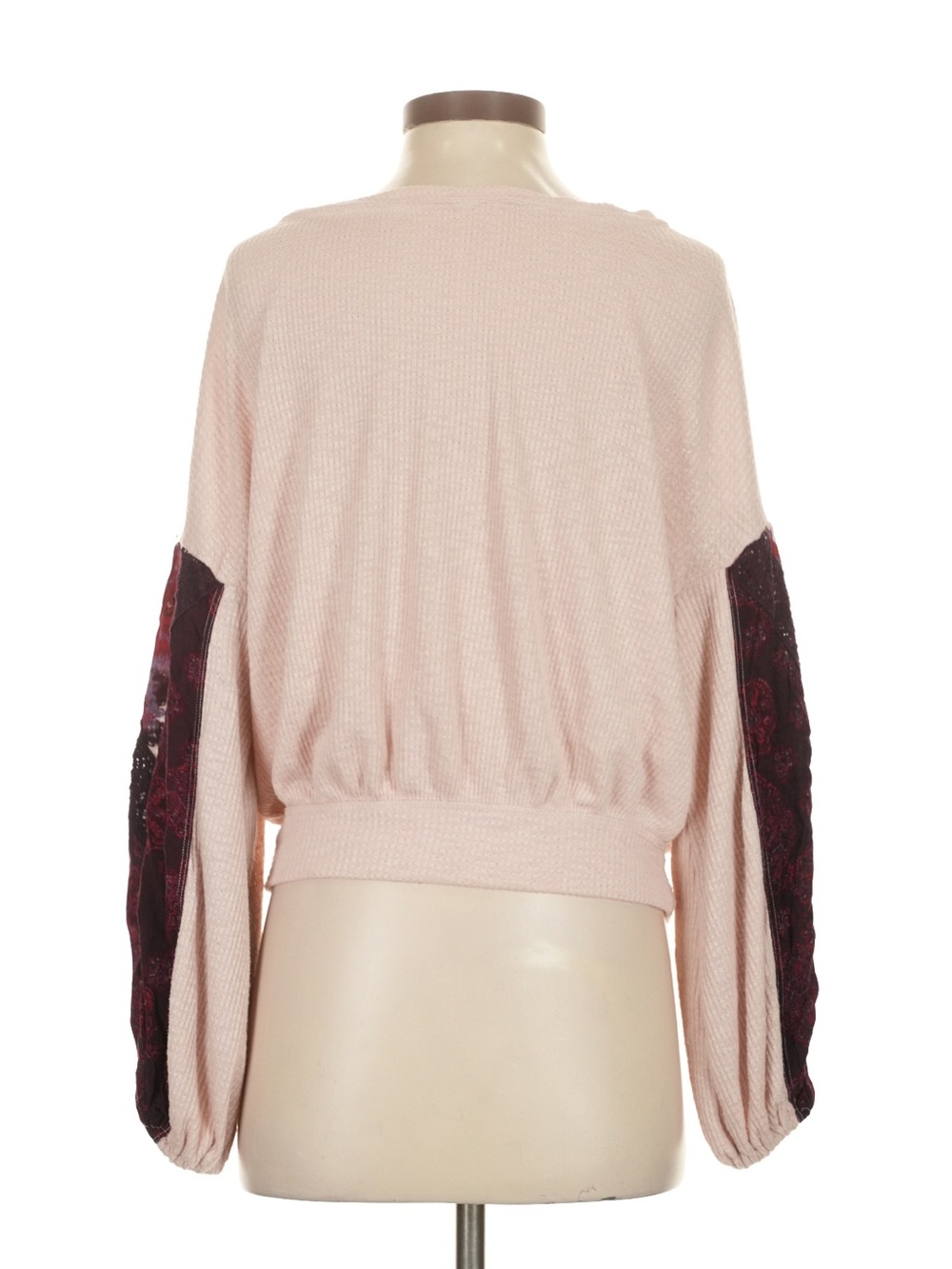 Free People Light Pink Sweater Top with Burgundy Floral Balloon Sleeves - Picture 3 of 3